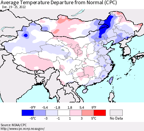 China, Mongolia and Taiwan Average Temperature Departure from Normal (CPC) Thematic Map For 12/19/2022 - 12/25/2022