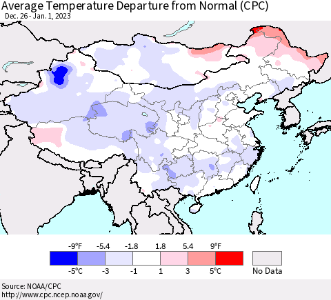 China, Mongolia and Taiwan Average Temperature Departure from Normal (CPC) Thematic Map For 12/26/2022 - 1/1/2023
