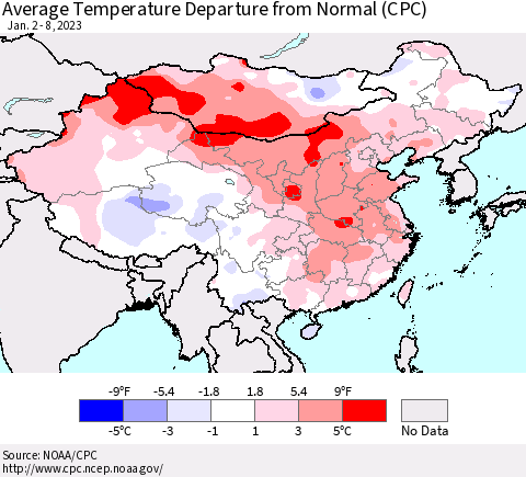 China, Mongolia and Taiwan Average Temperature Departure from Normal (CPC) Thematic Map For 1/2/2023 - 1/8/2023