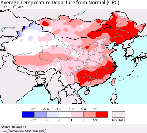 China, Mongolia and Taiwan Average Temperature Departure from Normal (CPC) Thematic Map For 1/9/2023 - 1/15/2023