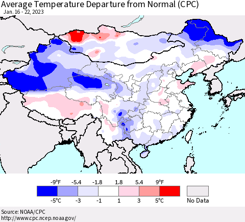 China, Mongolia and Taiwan Average Temperature Departure from Normal (CPC) Thematic Map For 1/16/2023 - 1/22/2023