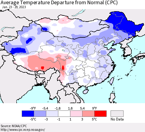 China, Mongolia and Taiwan Average Temperature Departure from Normal (CPC) Thematic Map For 1/23/2023 - 1/29/2023