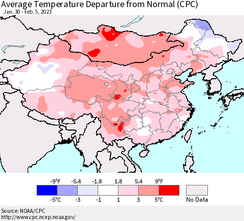 China, Mongolia and Taiwan Average Temperature Departure from Normal (CPC) Thematic Map For 1/30/2023 - 2/5/2023