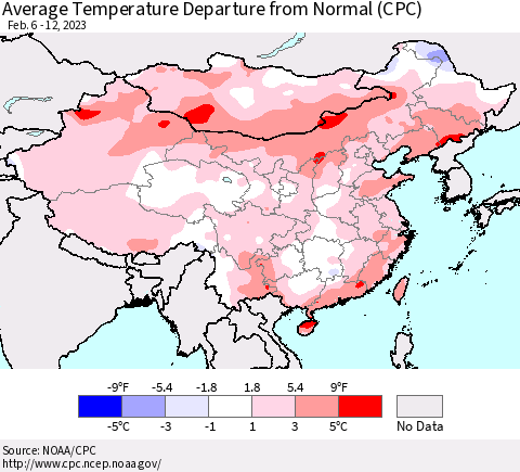 China, Mongolia and Taiwan Average Temperature Departure from Normal (CPC) Thematic Map For 2/6/2023 - 2/12/2023