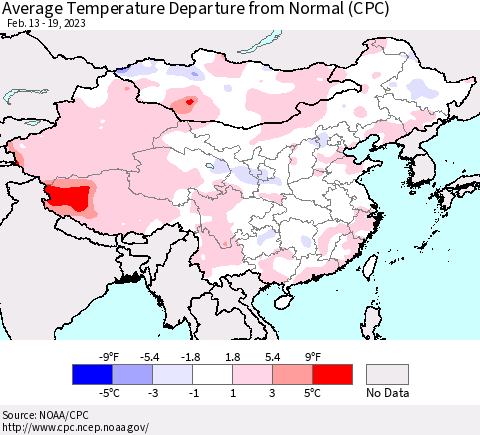 China, Mongolia and Taiwan Average Temperature Departure from Normal (CPC) Thematic Map For 2/13/2023 - 2/19/2023