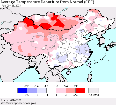 China, Mongolia and Taiwan Average Temperature Departure from Normal (CPC) Thematic Map For 2/20/2023 - 2/26/2023