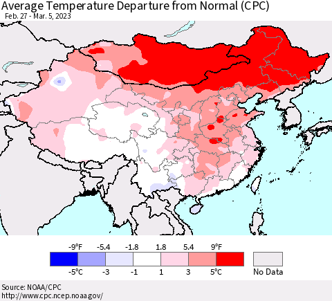 China, Mongolia and Taiwan Average Temperature Departure from Normal (CPC) Thematic Map For 2/27/2023 - 3/5/2023