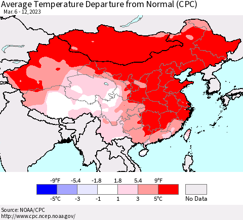 China, Mongolia and Taiwan Average Temperature Departure from Normal (CPC) Thematic Map For 3/6/2023 - 3/12/2023