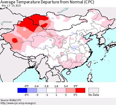 China, Mongolia and Taiwan Average Temperature Departure from Normal (CPC) Thematic Map For 3/13/2023 - 3/19/2023