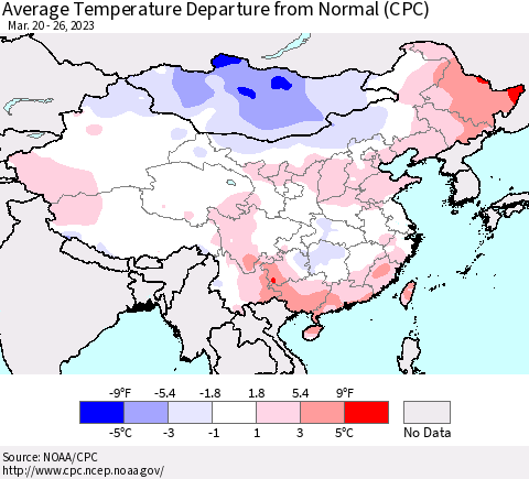 China, Mongolia and Taiwan Average Temperature Departure from Normal (CPC) Thematic Map For 3/20/2023 - 3/26/2023