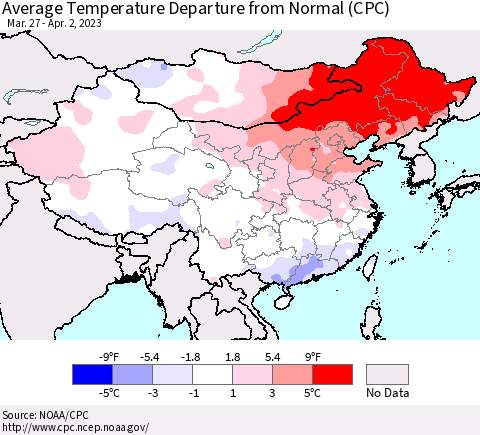 China, Mongolia and Taiwan Average Temperature Departure from Normal (CPC) Thematic Map For 3/27/2023 - 4/2/2023