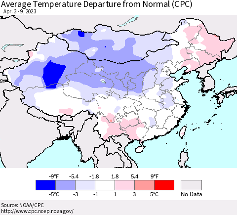 China, Mongolia and Taiwan Average Temperature Departure from Normal (CPC) Thematic Map For 4/3/2023 - 4/9/2023
