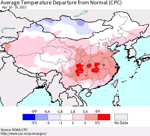 China, Mongolia and Taiwan Average Temperature Departure from Normal (CPC) Thematic Map For 4/10/2023 - 4/16/2023