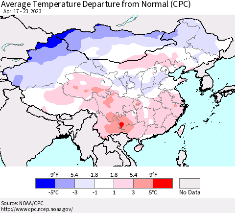 China, Mongolia and Taiwan Average Temperature Departure from Normal (CPC) Thematic Map For 4/17/2023 - 4/23/2023