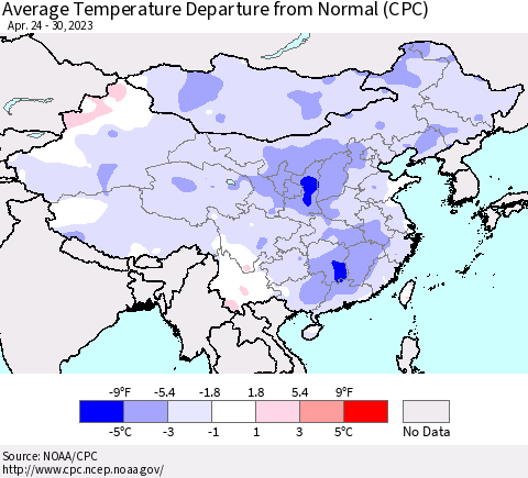 China, Mongolia and Taiwan Average Temperature Departure from Normal (CPC) Thematic Map For 4/24/2023 - 4/30/2023