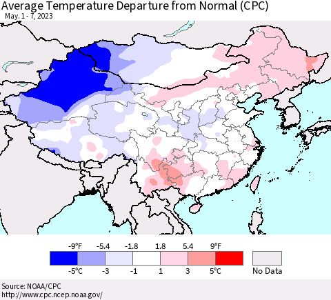 China, Mongolia and Taiwan Average Temperature Departure from Normal (CPC) Thematic Map For 5/1/2023 - 5/7/2023