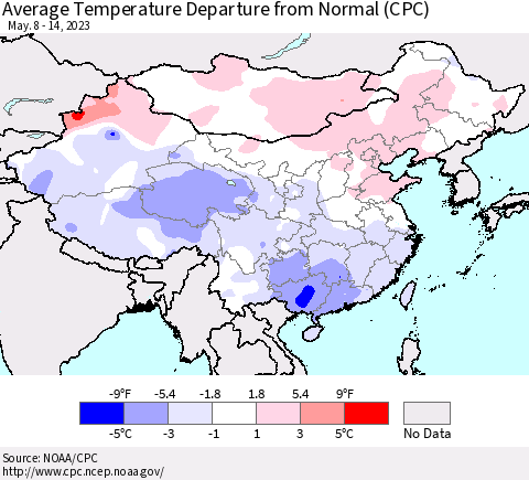 China, Mongolia and Taiwan Average Temperature Departure from Normal (CPC) Thematic Map For 5/8/2023 - 5/14/2023