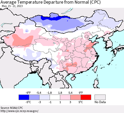 China, Mongolia and Taiwan Average Temperature Departure from Normal (CPC) Thematic Map For 5/15/2023 - 5/21/2023