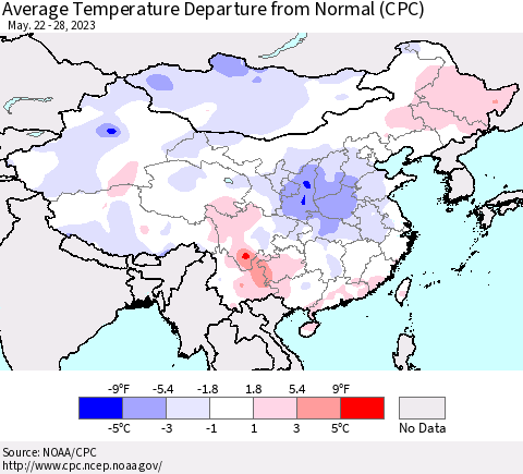 China, Mongolia and Taiwan Average Temperature Departure from Normal (CPC) Thematic Map For 5/22/2023 - 5/28/2023