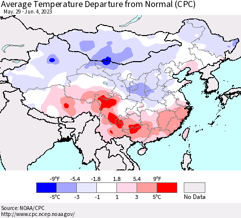 China, Mongolia and Taiwan Average Temperature Departure from Normal (CPC) Thematic Map For 5/29/2023 - 6/4/2023