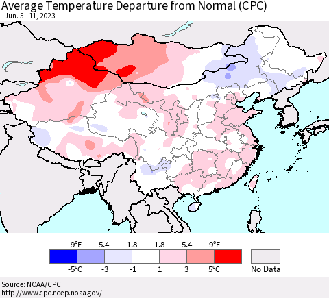 China, Mongolia and Taiwan Average Temperature Departure from Normal (CPC) Thematic Map For 6/5/2023 - 6/11/2023