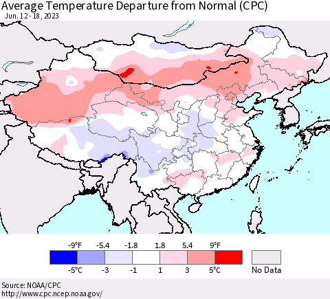 China, Mongolia and Taiwan Average Temperature Departure from Normal (CPC) Thematic Map For 6/12/2023 - 6/18/2023