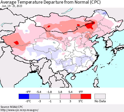 China, Mongolia and Taiwan Average Temperature Departure from Normal (CPC) Thematic Map For 6/19/2023 - 6/25/2023