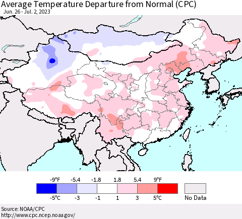 China, Mongolia and Taiwan Average Temperature Departure from Normal (CPC) Thematic Map For 6/26/2023 - 7/2/2023