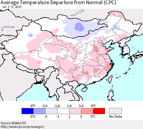 China, Mongolia and Taiwan Average Temperature Departure from Normal (CPC) Thematic Map For 7/3/2023 - 7/9/2023