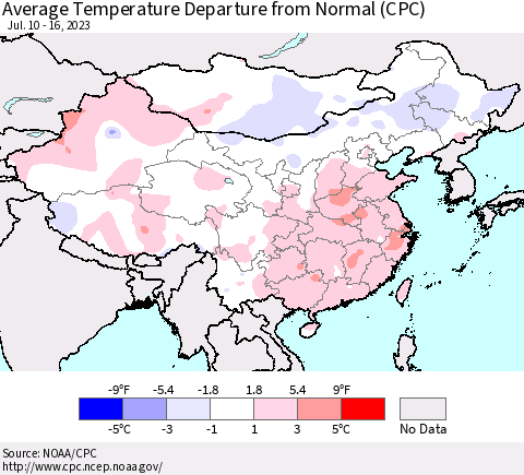 China, Mongolia and Taiwan Average Temperature Departure from Normal (CPC) Thematic Map For 7/10/2023 - 7/16/2023