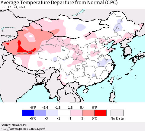 China, Mongolia and Taiwan Average Temperature Departure from Normal (CPC) Thematic Map For 7/17/2023 - 7/23/2023