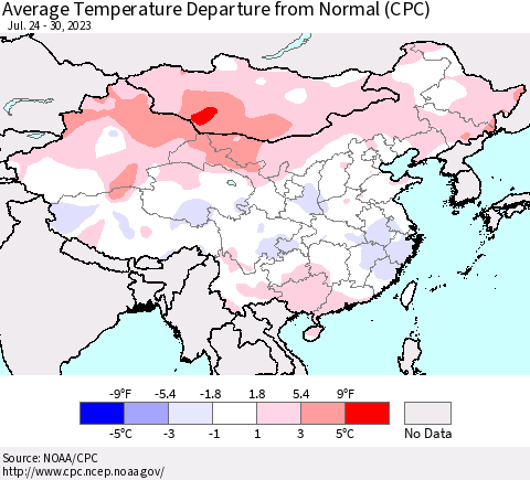 China, Mongolia and Taiwan Average Temperature Departure from Normal (CPC) Thematic Map For 7/24/2023 - 7/30/2023