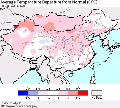 China, Mongolia and Taiwan Average Temperature Departure from Normal (CPC) Thematic Map For 7/31/2023 - 8/6/2023