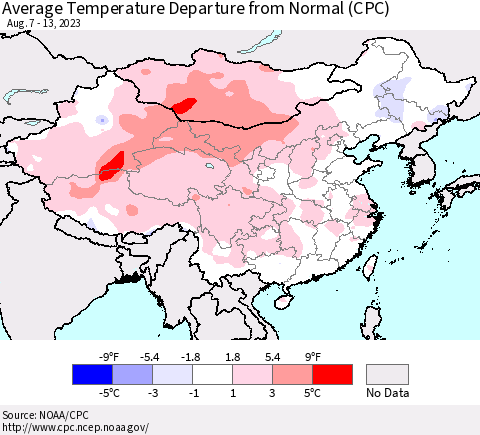 China, Mongolia and Taiwan Average Temperature Departure from Normal (CPC) Thematic Map For 8/7/2023 - 8/13/2023