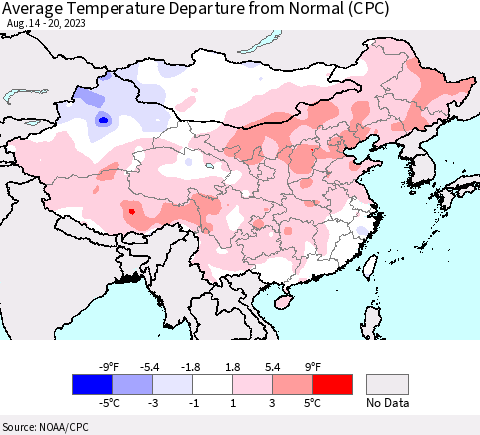 China, Mongolia and Taiwan Average Temperature Departure from Normal (CPC) Thematic Map For 8/14/2023 - 8/20/2023