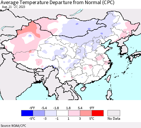 China, Mongolia and Taiwan Average Temperature Departure from Normal (CPC) Thematic Map For 8/21/2023 - 8/27/2023