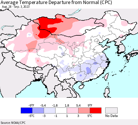 China, Mongolia and Taiwan Average Temperature Departure from Normal (CPC) Thematic Map For 8/28/2023 - 9/3/2023