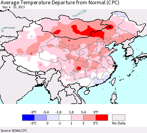 China, Mongolia and Taiwan Average Temperature Departure from Normal (CPC) Thematic Map For 9/4/2023 - 9/10/2023