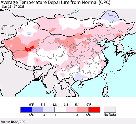 China, Mongolia and Taiwan Average Temperature Departure from Normal (CPC) Thematic Map For 9/11/2023 - 9/17/2023
