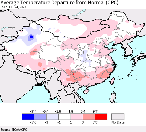 China, Mongolia and Taiwan Average Temperature Departure from Normal (CPC) Thematic Map For 9/18/2023 - 9/24/2023