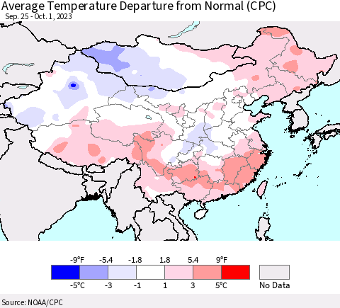 China, Mongolia and Taiwan Average Temperature Departure from Normal (CPC) Thematic Map For 9/25/2023 - 10/1/2023