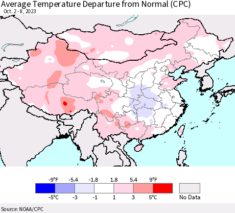 China, Mongolia and Taiwan Average Temperature Departure from Normal (CPC) Thematic Map For 10/2/2023 - 10/8/2023