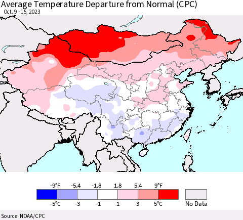 China, Mongolia and Taiwan Average Temperature Departure from Normal (CPC) Thematic Map For 10/9/2023 - 10/15/2023
