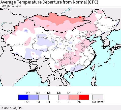 China, Mongolia and Taiwan Average Temperature Departure from Normal (CPC) Thematic Map For 10/16/2023 - 10/22/2023