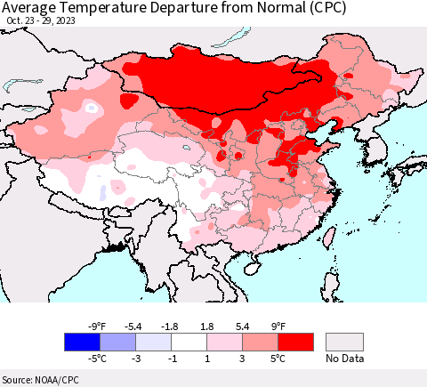 China, Mongolia and Taiwan Average Temperature Departure from Normal (CPC) Thematic Map For 10/23/2023 - 10/29/2023
