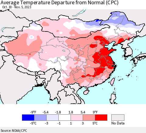 China, Mongolia and Taiwan Average Temperature Departure from Normal (CPC) Thematic Map For 10/30/2023 - 11/5/2023