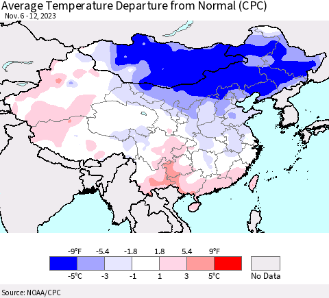 China, Mongolia and Taiwan Average Temperature Departure from Normal (CPC) Thematic Map For 11/6/2023 - 11/12/2023