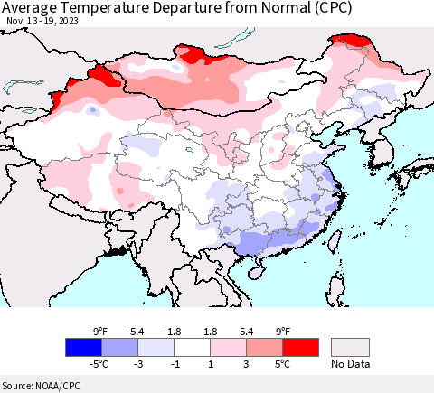 China, Mongolia and Taiwan Average Temperature Departure from Normal (CPC) Thematic Map For 11/13/2023 - 11/19/2023