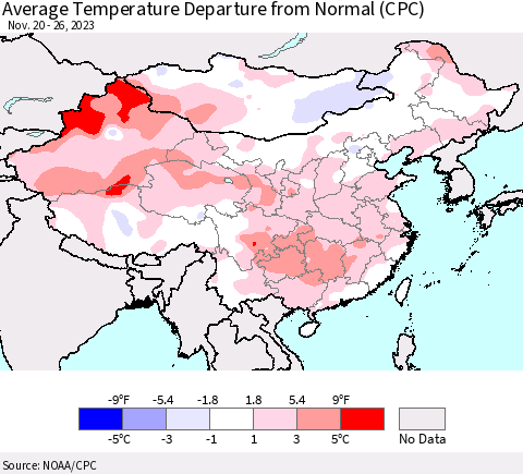 China, Mongolia and Taiwan Average Temperature Departure from Normal (CPC) Thematic Map For 11/20/2023 - 11/26/2023