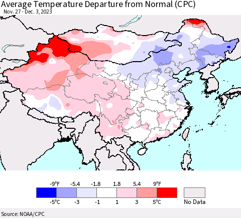 China, Mongolia and Taiwan Average Temperature Departure from Normal (CPC) Thematic Map For 11/27/2023 - 12/3/2023